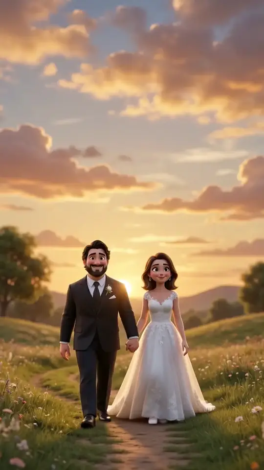 José y Fernanda caminando de la mano por un prado al atardecer