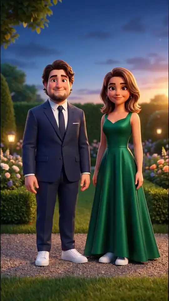 José y Fernanda de gala en el jardín al anochecer, con sus dos perros trayéndoles unos tenis blancos